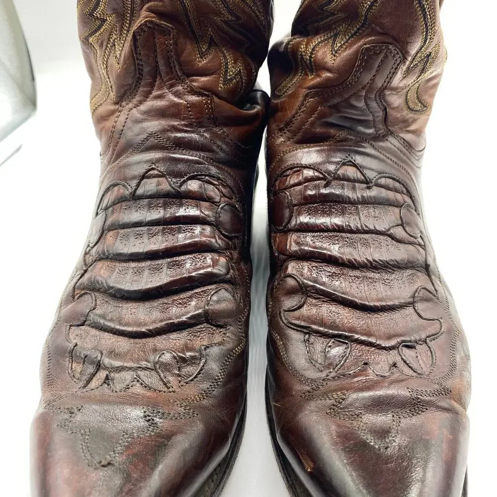 1883 Lucchese Brown Leather Caiman Inlay Snip Toe Cowboy Boots Embroider Men 8 D